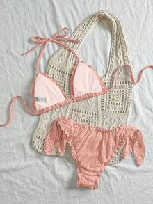 Vivid Eden Women's Solid Color Textured Swimwear Set For Vacation & Beach - Orange - View 2