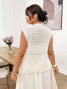 Lounesse Áo khoác cardigan dệt kim không tay, thiết kế thắt dây, khoét lỗ dành cho nữ cỡ lớn - trắng - Xem 2