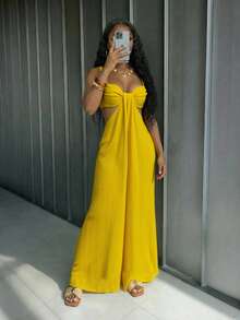 Slaydiva 2026 Spring/Summer New Vacation Yellow Boho Textured Camisole With Wide-Leg Cutouts Women Jumpsuit.Suitable For Everyday Outings, Boho , Travel, Beach, Western, Nomadic, Dating, Parties, Shopping, Afternoon Tea, Vacation, Trip, Concert, Airport Outfit, Brunch Outfit, Club-A Yellow Dress Maxi Elisanya Yellow Dress For Women Beach Yellow Dress Maxi Pregnancy Yellow Outfits For Women Yellow Cover Up - Yellow - View 8