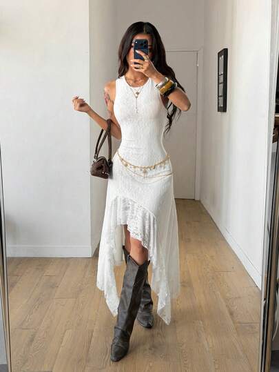 Coolane Women's Spring/Summer Party Vintage Boho Beach Outfits Tropical Vacation Chic Elegant Contrast Lace Beige Slim Fit Ruffle Flowy Dress