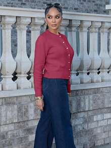 Melissa Matos 女士简约百搭优雅开衫 - 玫紅色 - 查看 2