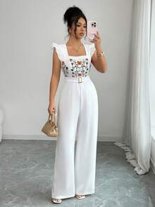 Elenzga 女士夏季新款金属扣无袖连体裤，带束腰带 - 白色 - 查看 7