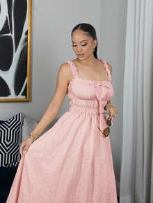 Melissa Matos New Arrival Women's Woven Textured Floral Fabric Spaghetti Strap Bow Design Waist Flared A-Line Elegant Versatile Ladies Dress - Pink - View 6