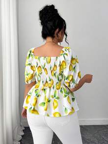 SHEIN Clasi Plus Size Women's Lemon Print Peplum Top,Elegant White Boho Lantern Sleeve Blouse, Retro Summer Holiday,Picnic Casual Tops - Multicolor - View 2