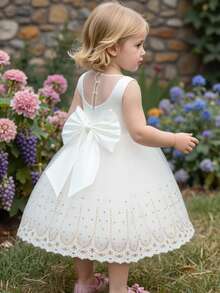 Glamorique Kids 花童生日派对婚礼假日礼服，女婴公主缎面连衣裙，白色薄纱蓬蓬裙，可拆卸蝴蝶结设计，适合正式场合、舞台表演、钢琴演奏、派对或特殊活动，夏季，欧美风格，金色刺绣蕾丝边白色薄纱蓬蓬裙，蝴蝶结露背连衣裙，舞台表演，中东奢华正式礼服 - 白色 - 查看 2
