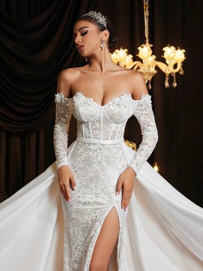 Glamrae Petite Đầm dạ hội sang trọng, thanh lịch màu be, trễ vai, tay dài, chất liệu xuyên thấu, có gọng, co giãn, xẻ tà, dáng đuôi cá, chân váy xếp ly rời, thích hợp cho đám cưới, tiệc tùng, du lịch.
