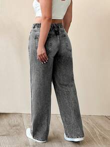 EURMUSE 100% Cotton Plus Size Women's Mid-Blue Elastic Waist Straight Leg Jeans - Grey - View 2