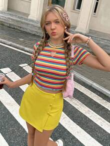 SHEIN 2pcs/Set Teen Girl Heart Hollow Embroidery Striped T-Shirt & Solid Color Button Faux Skort,Kids - Yellow - View 6