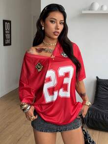 Coolane 女士春夏节日外出街头风复古透气网眼数字图案棒球衫红色球衣 - 紅色 - 查看 5
