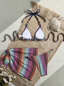 Swim Vcay 女士提花面料露背系带性感比基尼三件套，适合海滩度假，夏季泳装，聚拢泳衣，连体泳衣。 - 彩色 - 查看 2