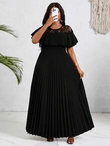 Villa Velisse Plus Size Women's Elegant Lace Patchwork Pleated Black Dress, Suitable For Daily Wear, Gatherings, Afternoon Tea, Graceful And Slimming, Black Style, Charming Urban Lady, Office Wear - Black - View 3