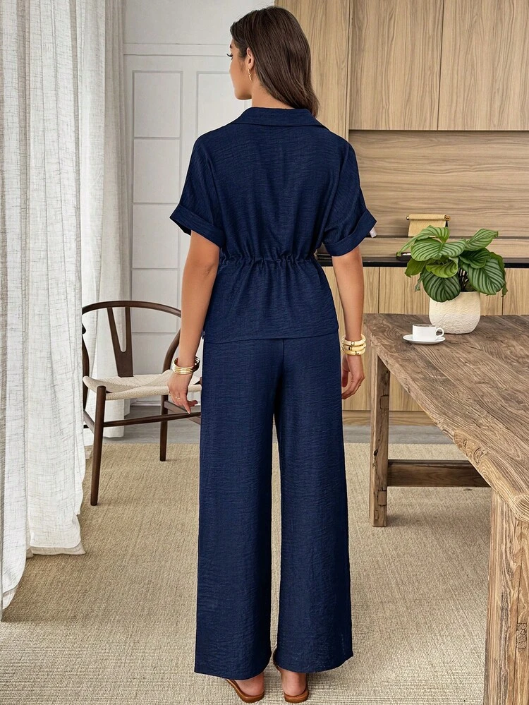 Louniche Größe Sommer Lässig einfarbiges Set mit Zugband Taille Hemd und Hose, 2-teilig - marineblau - Übersicht 2