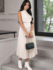 SHEIN Teen Girls' Elegant Ruched Asymmetrical Waist Dress, Apricot Color, Spring/Summer - Apricot - View 5