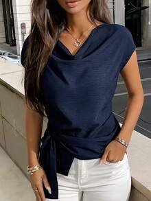 Roylia 女士休闲通勤百搭度假宽松蝙蝠袖不对称下摆柔软衬衫，蓝色，夏季女士上衣 - 藏蓝色 - 查看 1