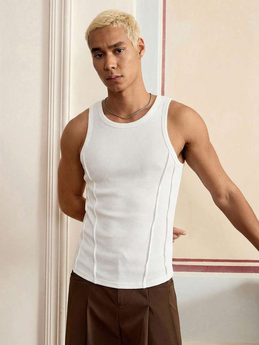 SWAVVY 男士休闲修身白色T恤,标准尺码男士无袖上衣,男士圆领背心,男士打底衫,白色男士背心 - 白色 - 查看 1