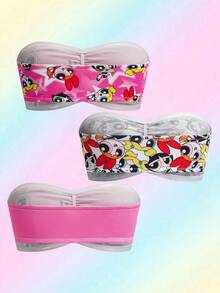 THE POWERPUFF GIRLS X SHEIN 3pcs/Set Women's Casual Comfortable Cartoon Print Tube Tops - Pink - View 2