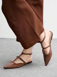 CUCCOO BIZCHIC 2026 Spring And Summer New Patent Leather Cross Thin Strap Pointed Heel Flat Shoes Closed Toe Sandals - Brown - View 3