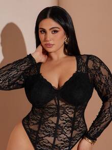 SHEIN BAE 大码女式蕾丝拼接性感百搭约会之夜长袖连体衣 - 黑色 - 查看 7