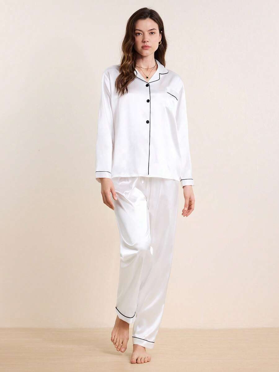 Hourtrue Contrast Binding Satin Pajama Set White Set, Fall Winter Clothes, Lounge Wear, Old Money Vibe, Elegant Outfit, All Whitefor Summer - White - View 1