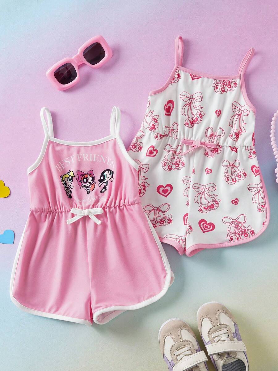 THE POWERPUFF GIRLS X SHEIN 女婴蝴蝶结装饰吊带连体衣, - 粉色 - 查看 1