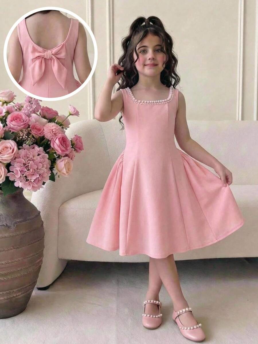 SHEIN Tween Girls Elegant Square Neck Red Beaded U-Neck A-Line Umbrella Hem Patchwork Dress With Large Pink Bow Back - Pink - View 1