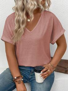 EMERY ROSE Women's V-Neck Short Sleeve Cuffed Casual Versatile Plus Size T-Shirt, Spring/Summer - Pink - View 3