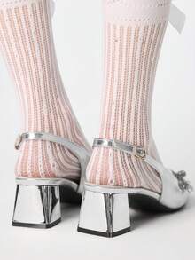 ROMWE Kawaii Giày sandal cao gót mũi vuông, thiết kế nhăn, gót dày, thanh lịch dành cho nữ dự tiệc cưới. - Bạc - Xem 5