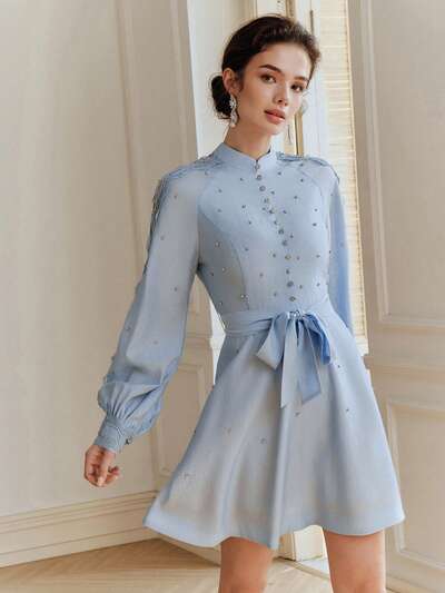 Women's Elegant Commuter Rhinestone Decor Lace Patchwork Dress Blue Baby Blue Elegant Dress French Style Dress