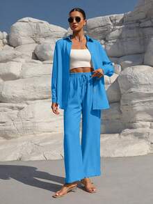 EMERY ROSE Women's Casual Commuter Solid Color Shirt And Pants 2 Pieces Set - Blue - View 3