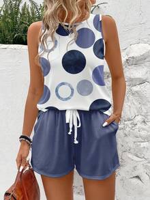 SHEIN LUNE Plus Size Casual Circle Print Vest And Shorts 2 Pieces Set - Blue and White - View 1
