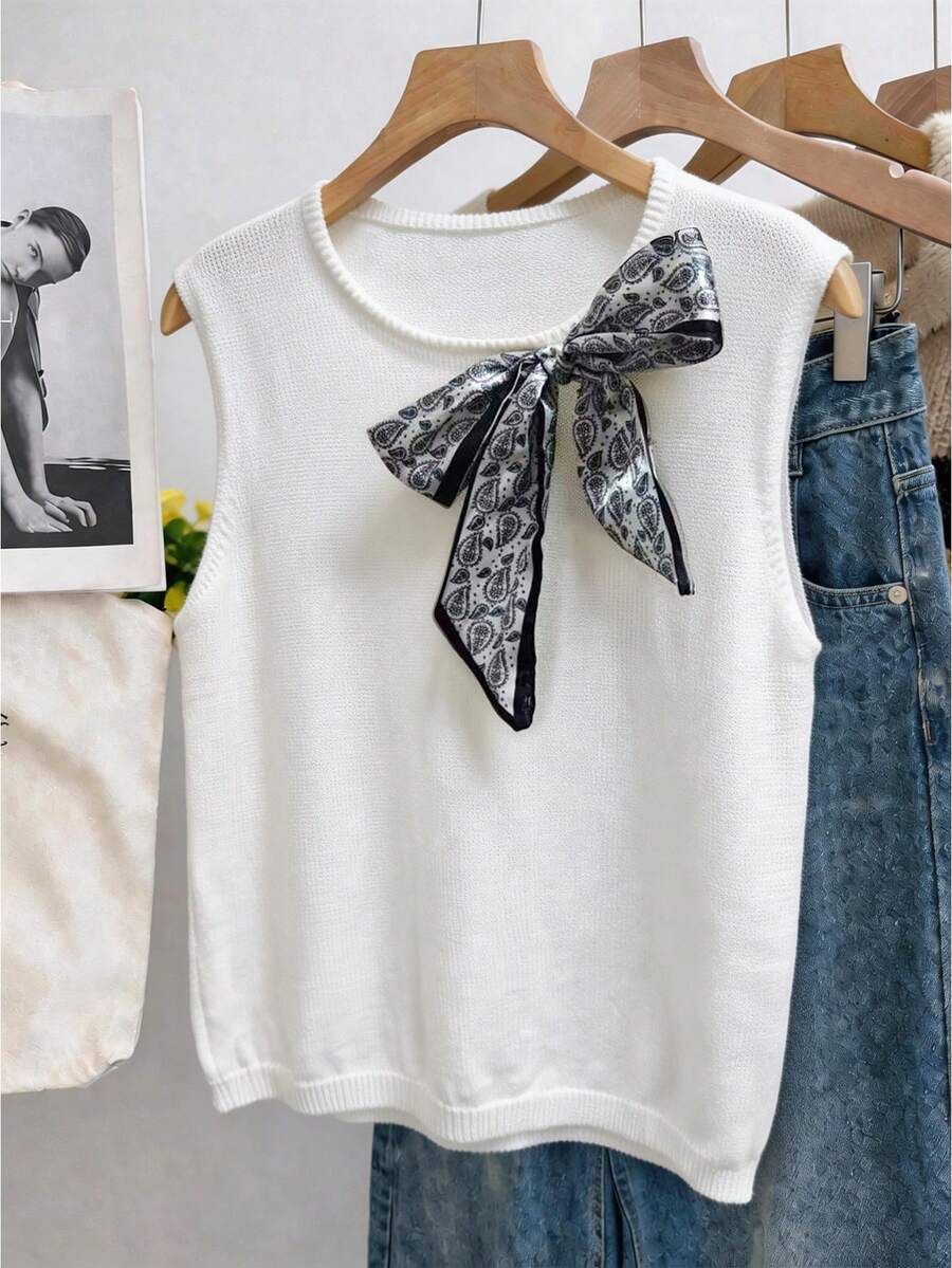 GlowEve Elegant Sleeveless Bow Tie Chiffon Scarf Vest For Women, Spring/Summer - White - View 1