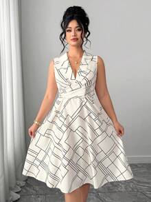Elenzga Chic Apricot Woven Fabric Plus Size Sleeveless Dress Featuring Plaid Pattern Lapel Neck And Flared Hem - Apricot - View 3