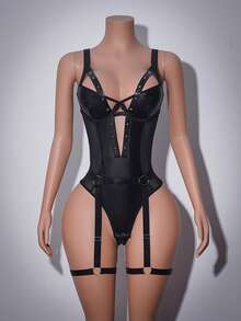 AltCore 2pcs Black Rivet Leather & Mesh Lingerie Set - Black - View 6
