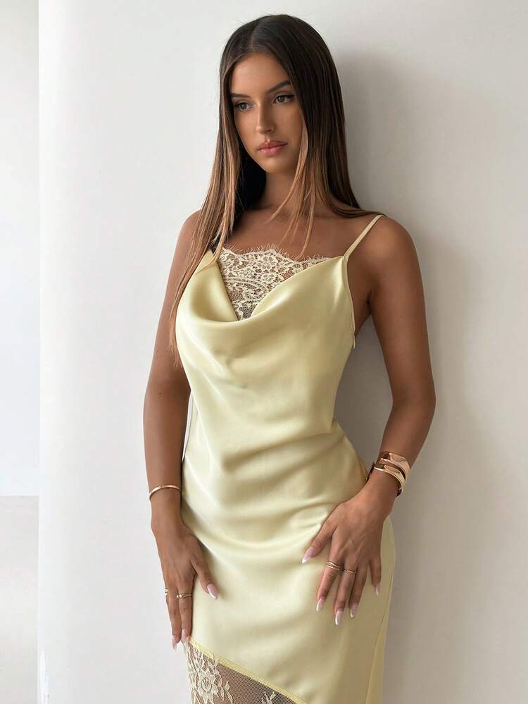 Aloruh Robe longue élégante à bretelles fines avec empiècement en dentelle transparente et décolleté plongeant - Jaune clair - Voir 5