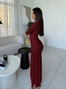 Milla Jasmine 女士长袖圆领网眼连衣裙，适合秋季当季服装、返校服装、教师服装 - 酒紅色 - 查看 3