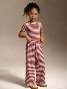 2pcs Girls' Spring/Summer Ribbed Short Sleeve T-Shirt And Wide Leg Pants Set, Casual Ribbed Outfit For Home, Leisure, Outdoor Sports - Pink - View 6