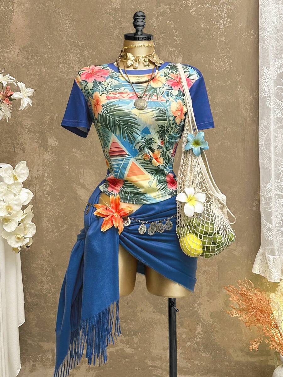 INAWLY 热带印花短袖T恤，休闲度假款 - 藍色 - 查看 1