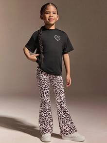 SHEIN Young Girls' Casual Leopard Print Sportswear Set,Baby Pink,Autumn Winter Relaxed-Fit Logo Tee And Flared High-Stretch Pants,Soft Active, Fall, Yoga - Black - View 6