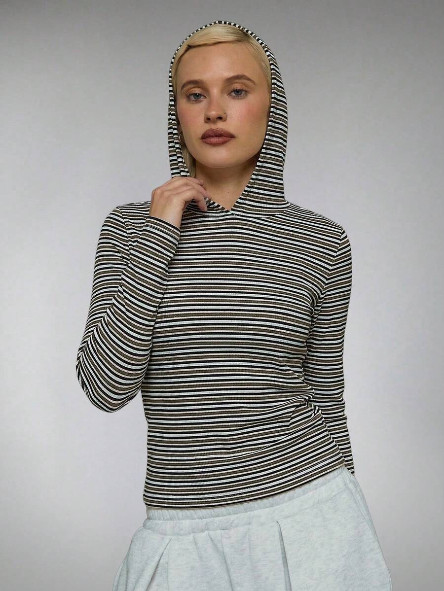 COUREZ Long Sleeve Fitted Stripe Hooded Top - Multicolor - View 1