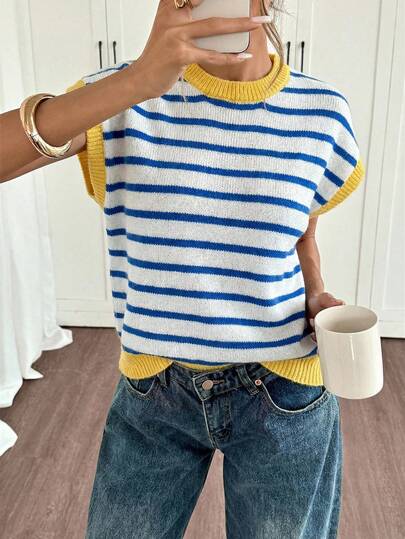 Siren Gaze Casual Minimalist Mediterranean Blue & Yellow Striped Color Block Sweater, Suitable For Spring/Summer, Vacation, Versatile