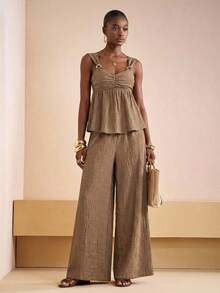 Zivah Khaki Summer Casual Vacation Holiday Women's Elegant Sweetheart Neckline Camisole With Metal Buckle Decoration & Wide-Leg Pants Two Pieces Set - Brown - View 7