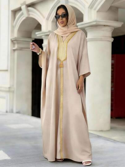 Vesra Damen Langes Bademantel-Kleid mit goldfarbener Spitzen-Patchwork, extra lang