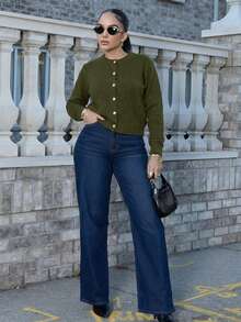 Melissa Matos Cárdigan minimalista y versátil de unicolor para mujer - Verde militar - Ver 6