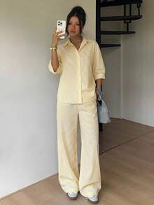 SHEIN EZwear Bộ áo và quần kẻ sọc màu vàng nhạt dệt kim dành cho nữ, thích hợp cho kỳ nghỉ hè. - Vàng nhạt - Xem 6