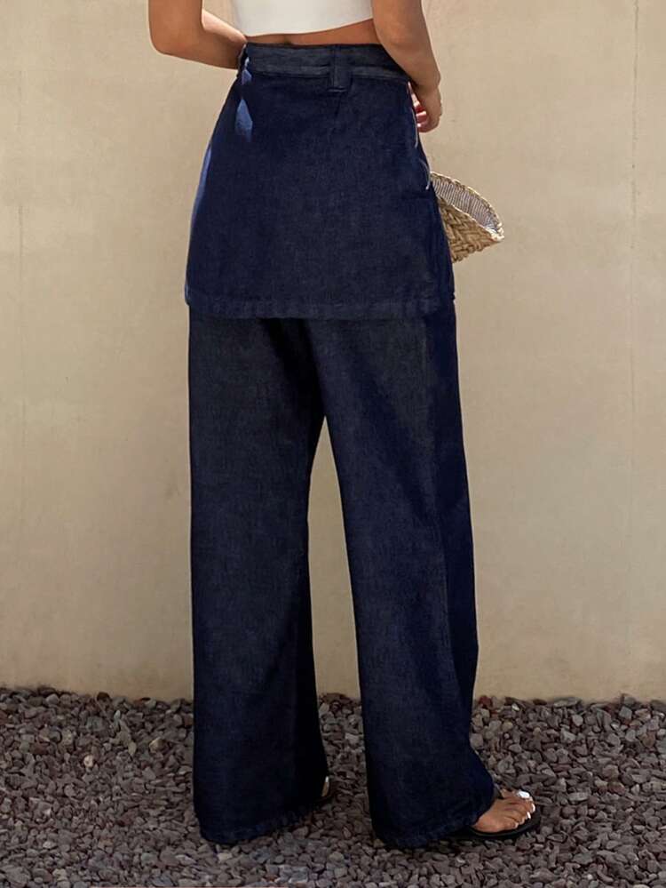 Women's Loose Fit 2 In 1 Denim Jeans