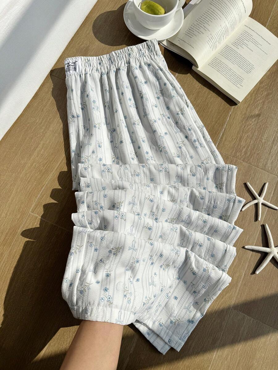 Comfortcana Plus Size Brown Ditsy Floral Casual Wide Leg Pants, Autumn 2026 New Arrival Gym - White - View 1
