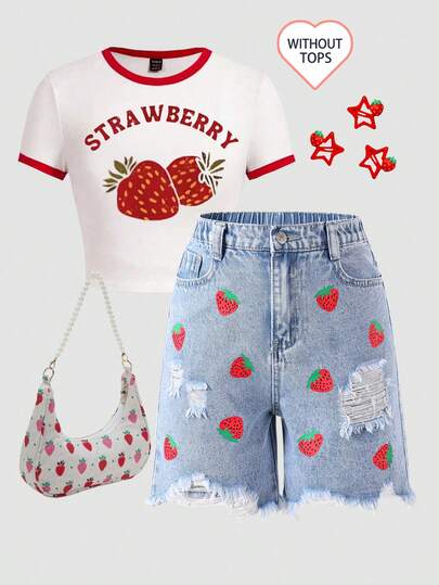 SHEIN Tween Girl Light Wash Blue Strawberry Denim Shorts, Comfortable Sweet Casual Vacation School Style, Suitable For Everyday Wear, Campus Casual, Back To School Season, Travel And Leisure Strawberry Summer Matching