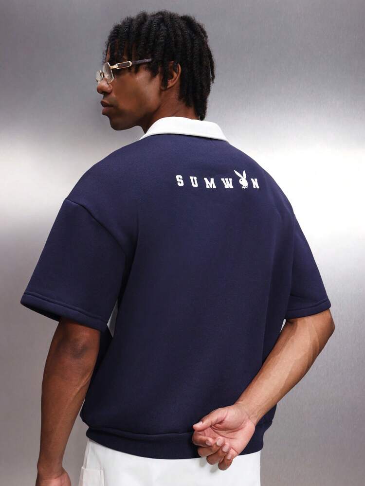 PLAYBOY X SUMWON Men's Navy Color Block Short Sleeve Zip Polo Shirt With White Contrast Panels Brand Regular Fit Casual Sportswear Top