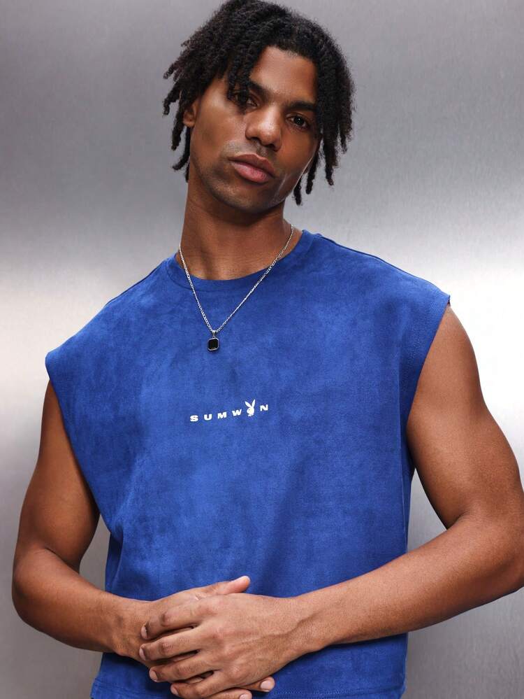 PLAYBOY X SUMWON Men's Regular Fit Sleeveless Tank Top With Script Logo Print Summer Casual Crew Neck Tee