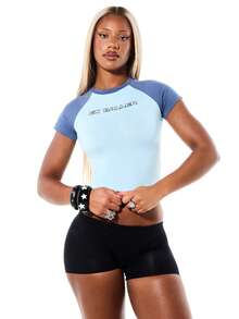 SUMWON WOMEN Ex Baller Contrast Raglan Sleeve Short Sleeve Crop Top With Statement Text Print - Blue - View 5